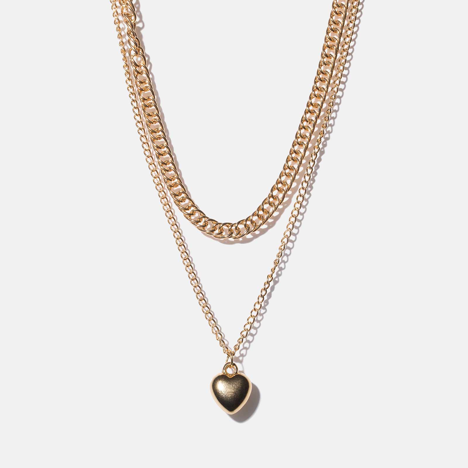 Guldfärgat halsband - 2 rader, hjärtberlock, 40+6 cm