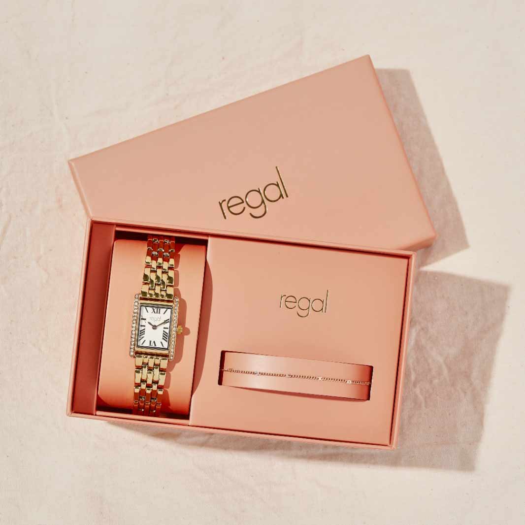 Regal klockset dam - metallband, guldton, 20x28mm
