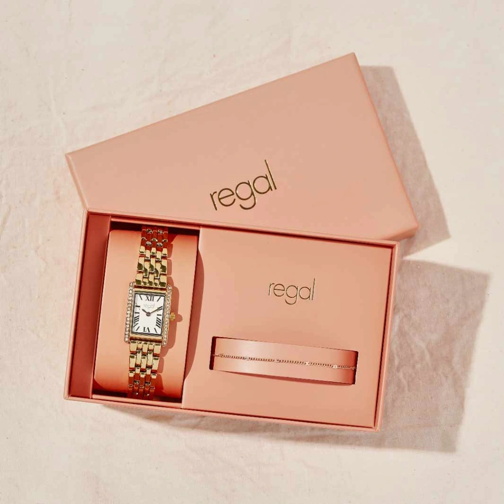 Regal klockset dam - metallband, guldton, 20x28mm