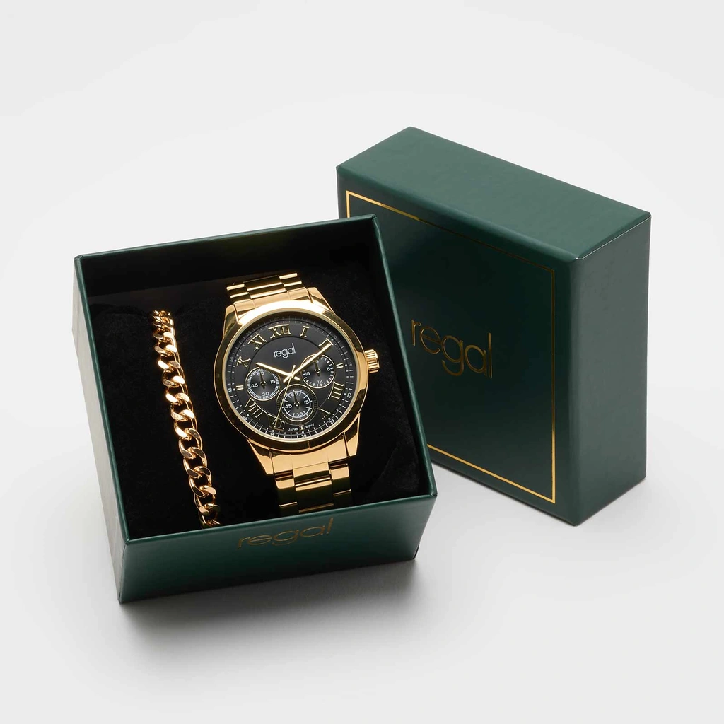Regal klockset herr - metallband, guld/svart, 41mm