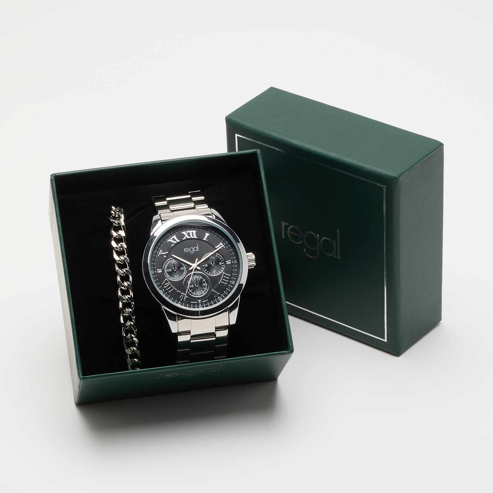 Regal klockset herr - metallband, silver/svart, 41mm