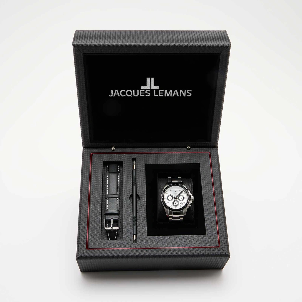 Jacques Lemans Liverpool - klockset herr, stål/vit, 41 mm