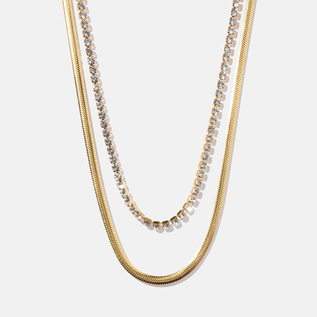 Guldpläterat stålhalsband -  tvåradigt med vita stenar, 39/44+6cm