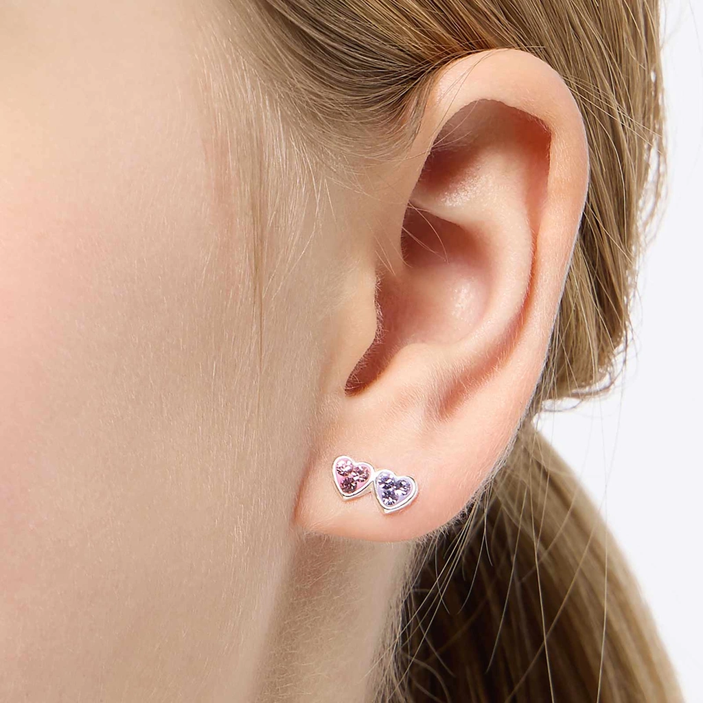 Silverörhängen för barn - rosa/lila hjärtan med stenar