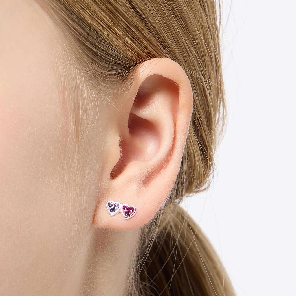 Silverörhängen för barn - lila/cerise hjärtan med stenar