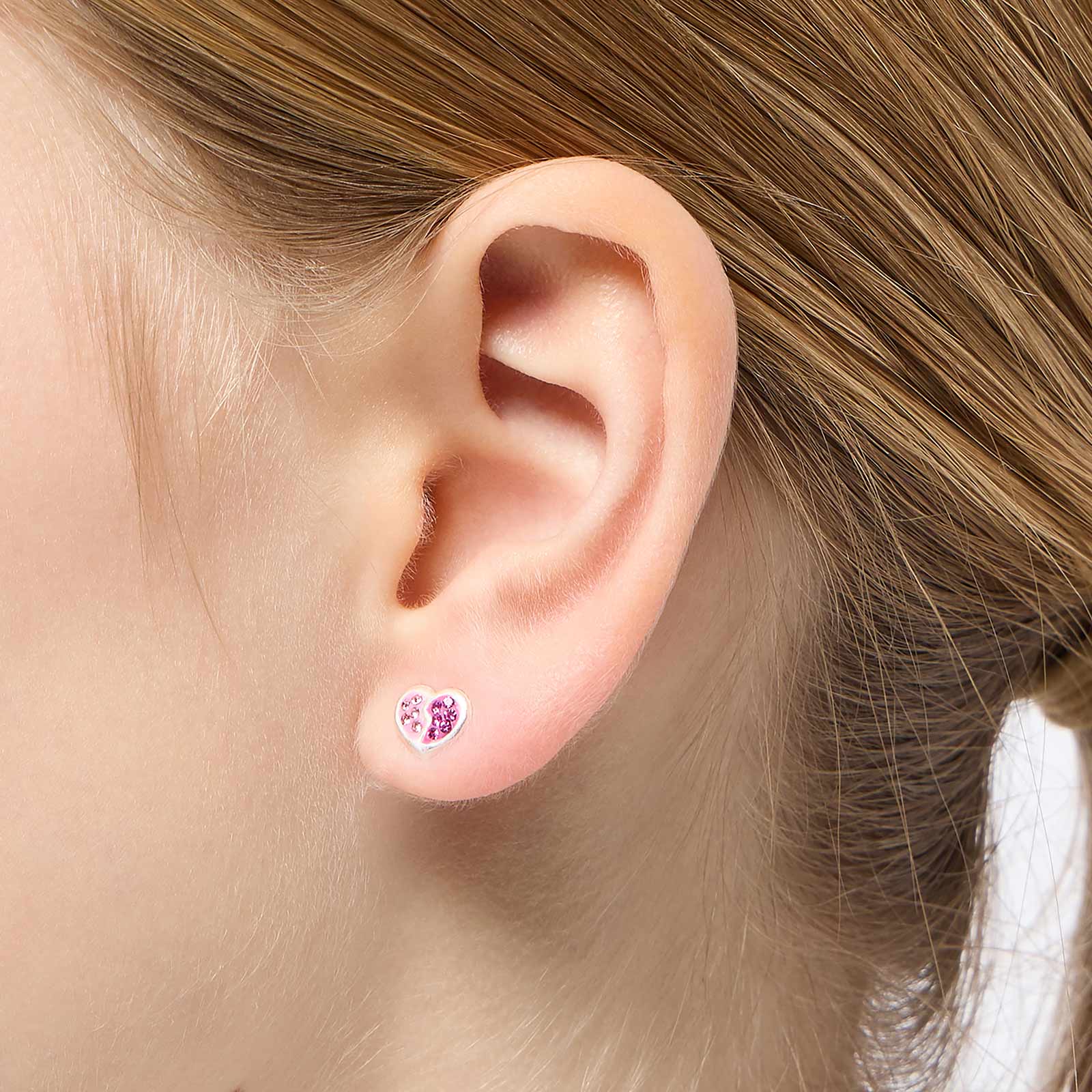 Silverörhängen för barn - rosa hjärtan med stenar