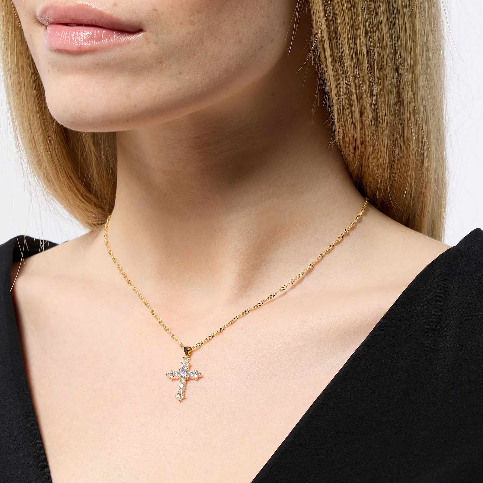 Halsband i guldpläterat silver - kors med Zirkonia, 40+5cm