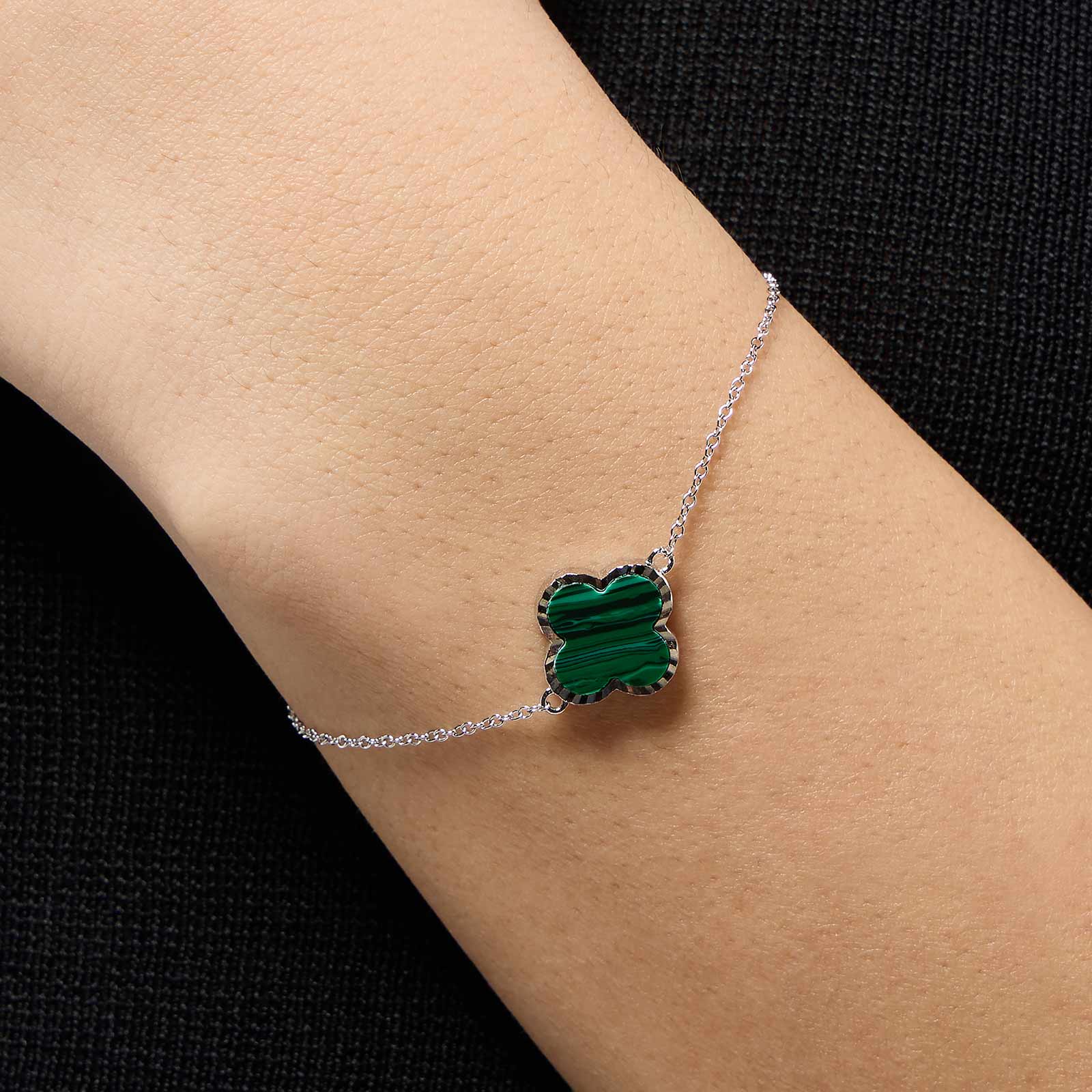 Armband i äkta silver - fyrklöver, grön malakit