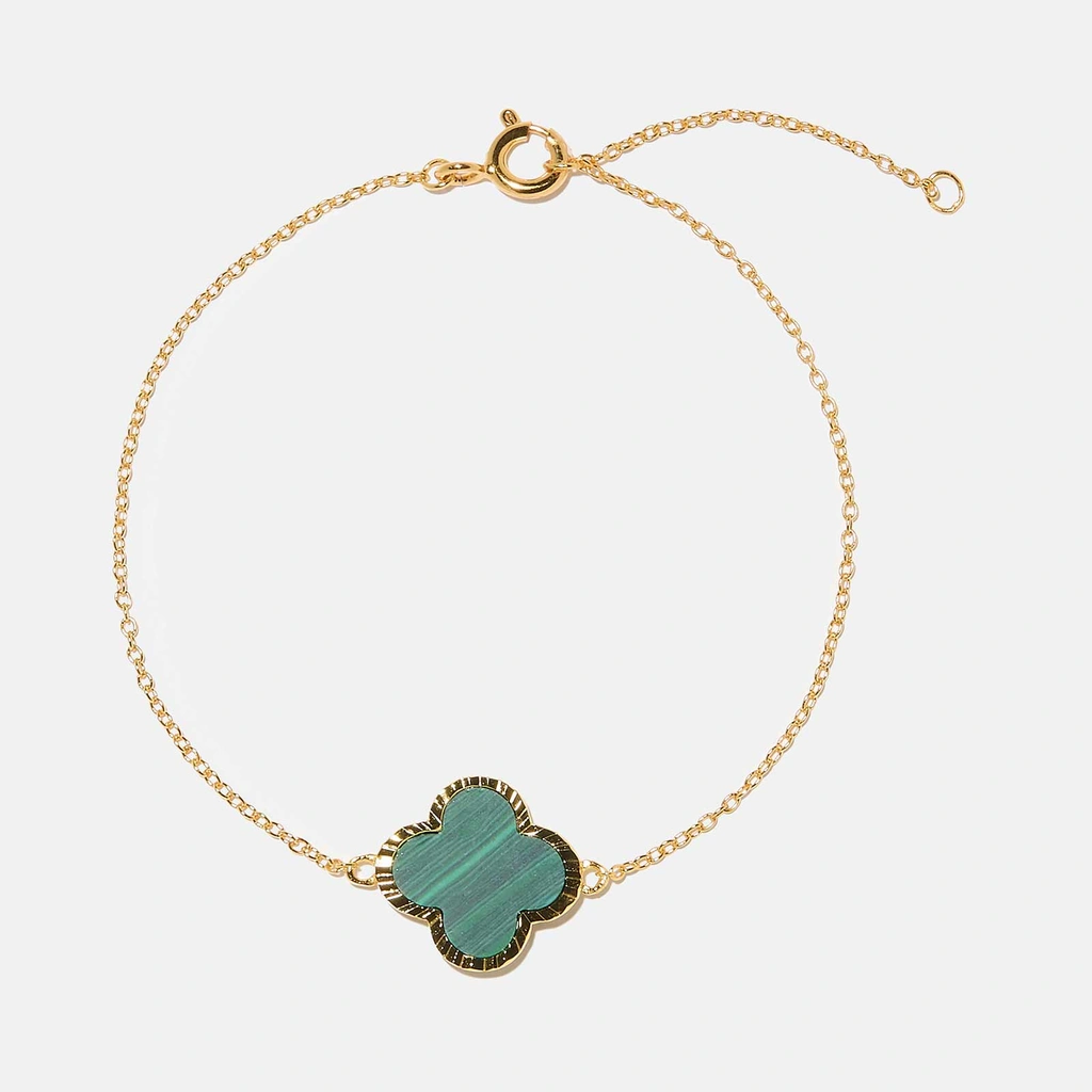 Armband dam i guldpläterat silver - fyrklöver, grön malakit