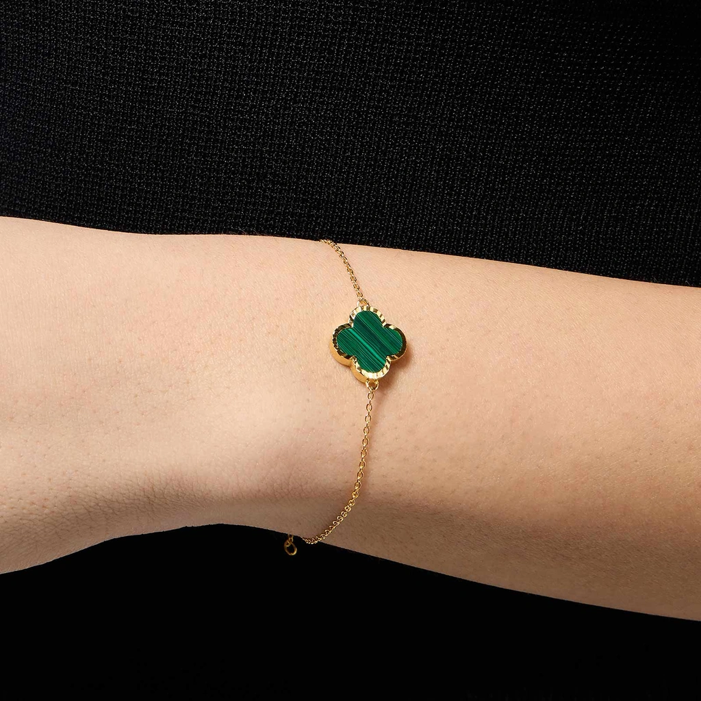 Armband dam i guldpläterat silver - fyrklöver, grön malakit