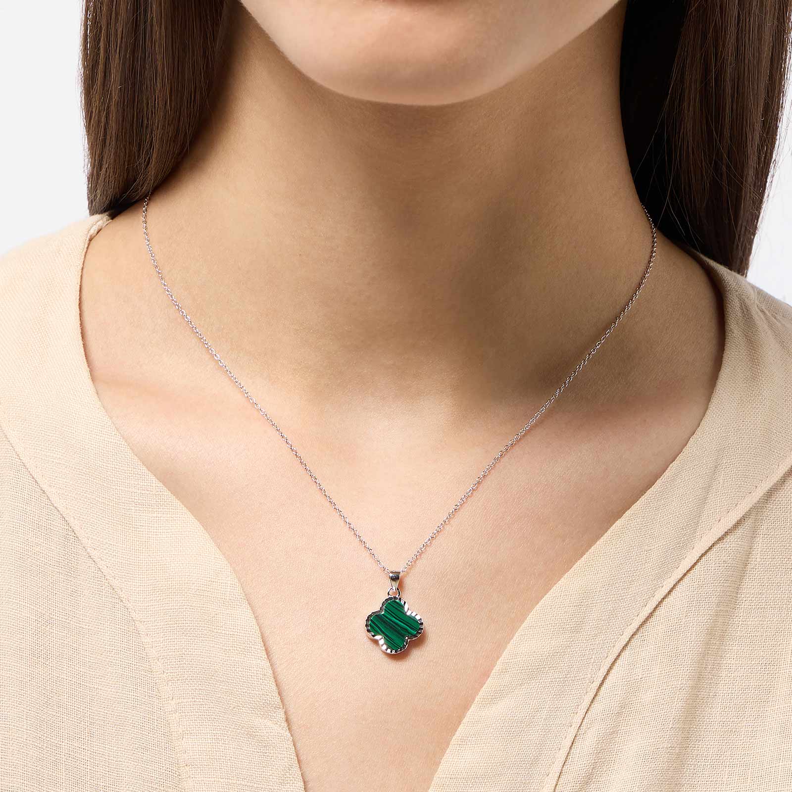 Halsband i äkta silver - fyrklöver, grön malakit