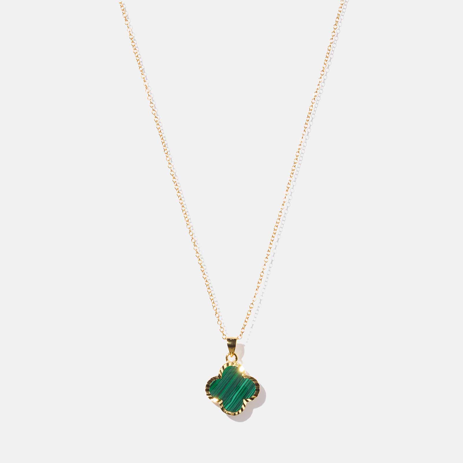 Halsband i guldpläterat silver - fyrklöver, grön malakit