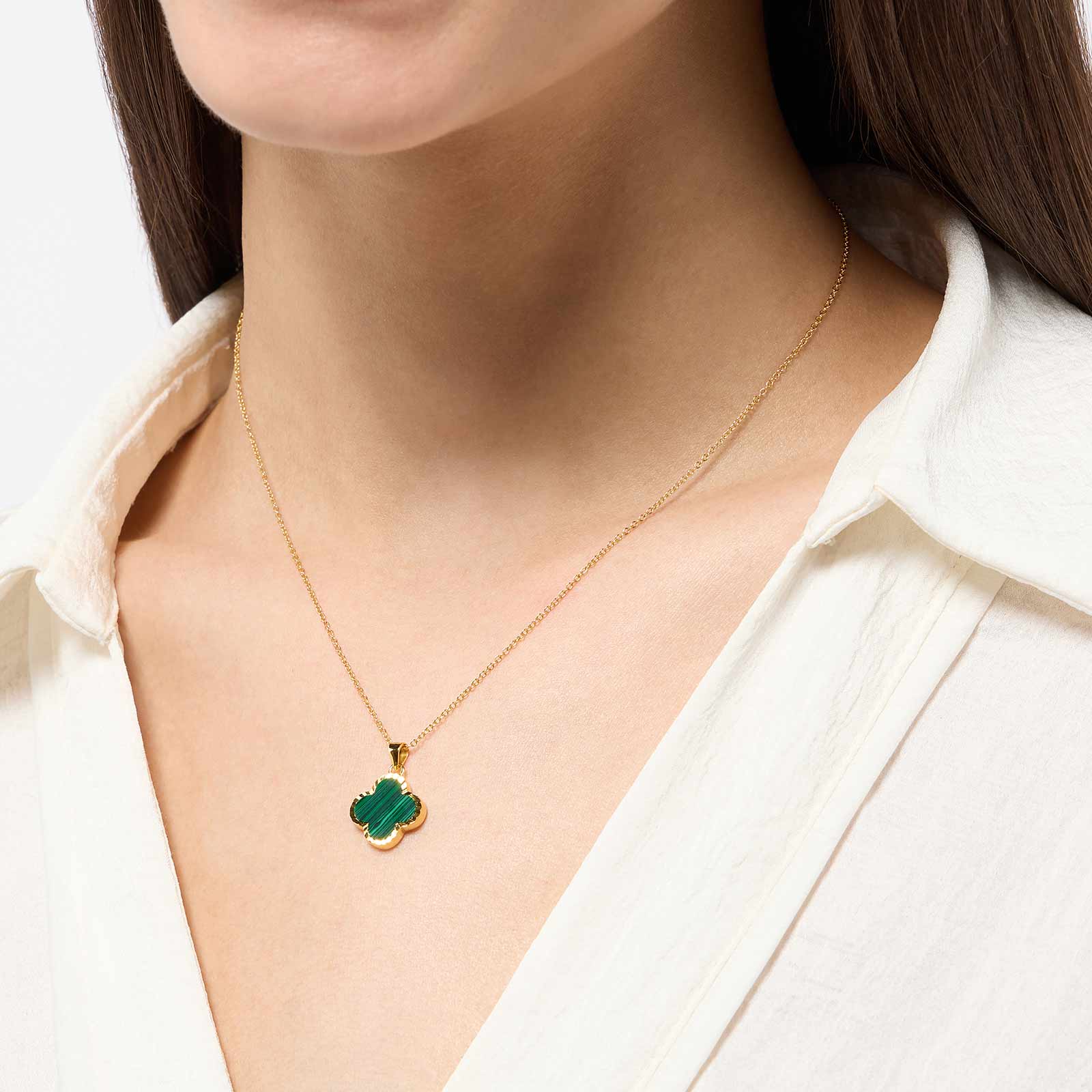 Halsband i guldpläterat silver - fyrklöver, grön malakit