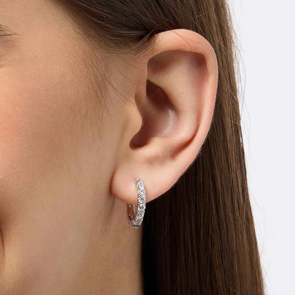 Örhängen i äkta silver - hoops, vita stenar, 15mm
