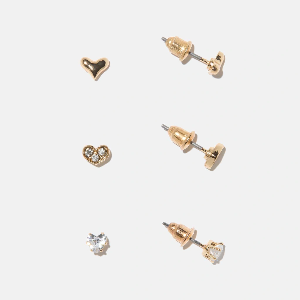 Guldfärgade örhängen - 3-pack studs, hjärtan