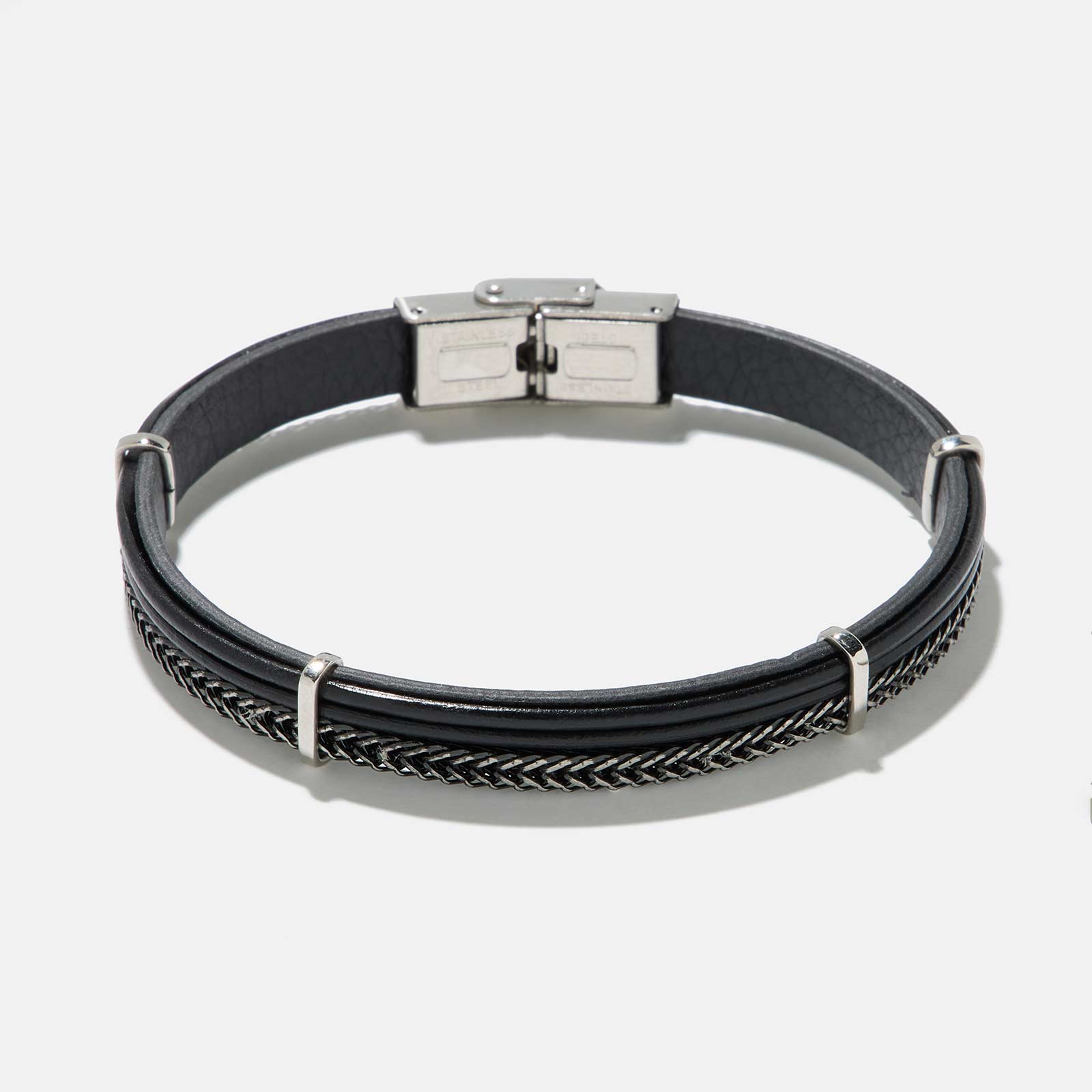 Armband herr - svart läder & kedja, 19cm