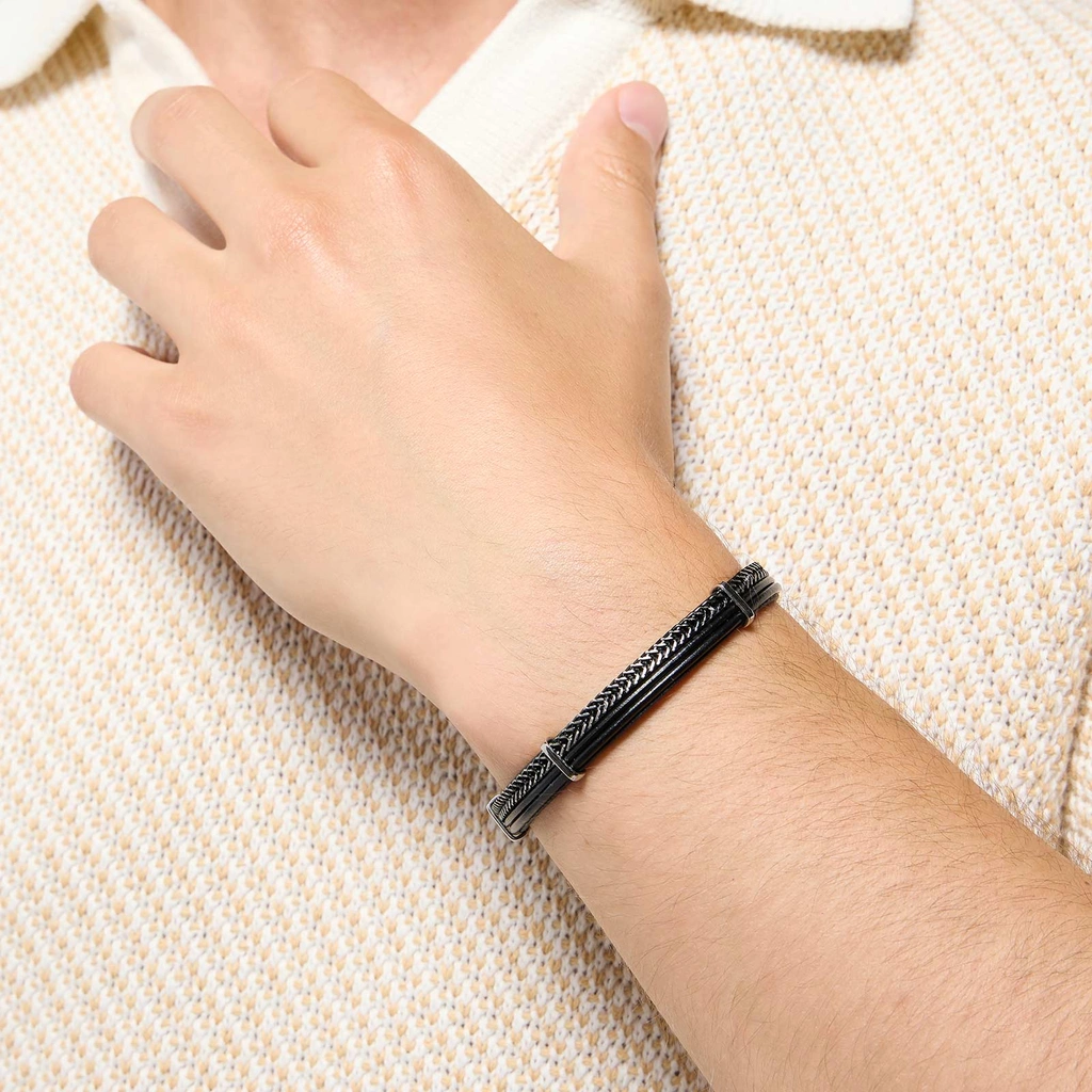 Armband herr - svart läder & kedja, 19cm