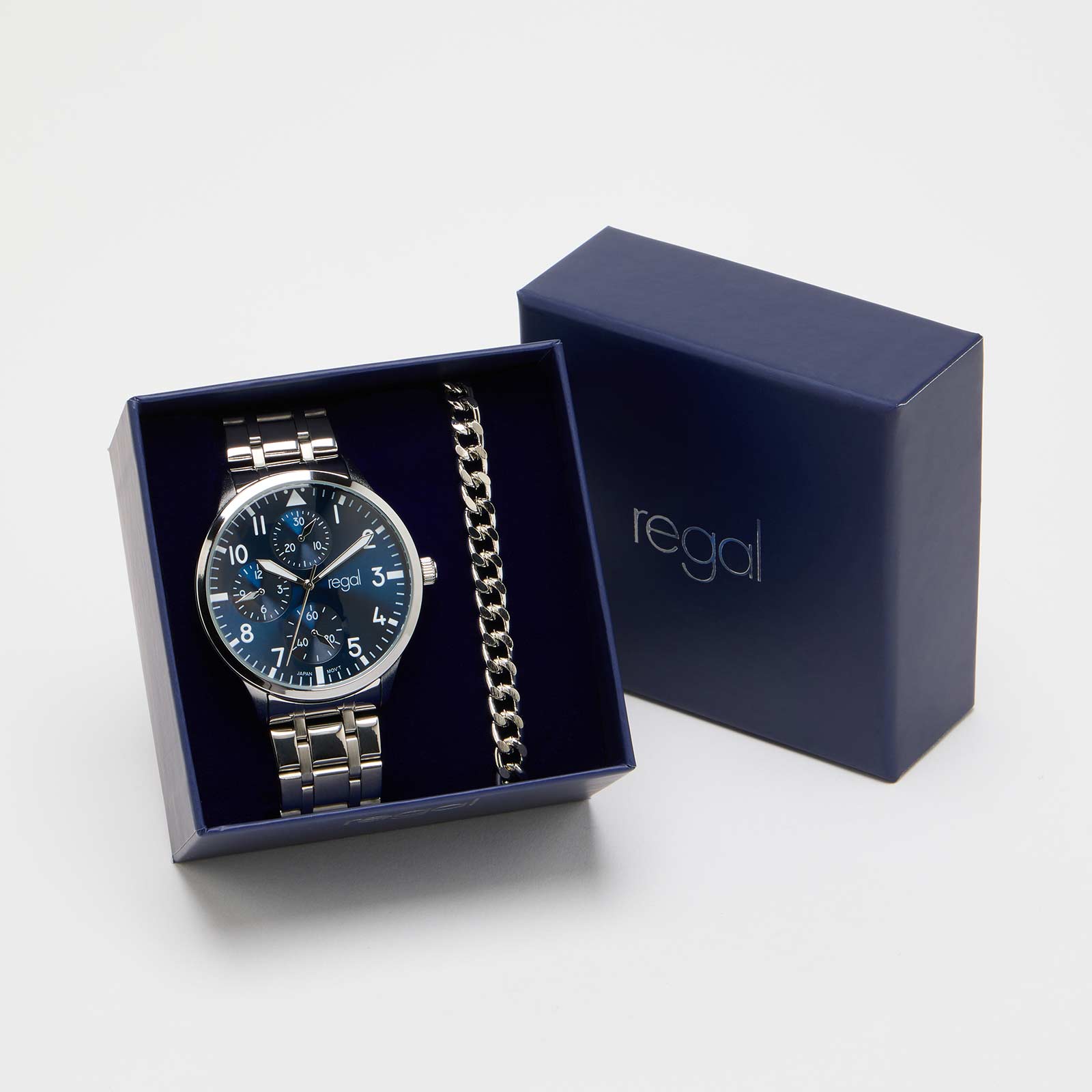 Regal klockset herr - metall, silver/blå, 44mm