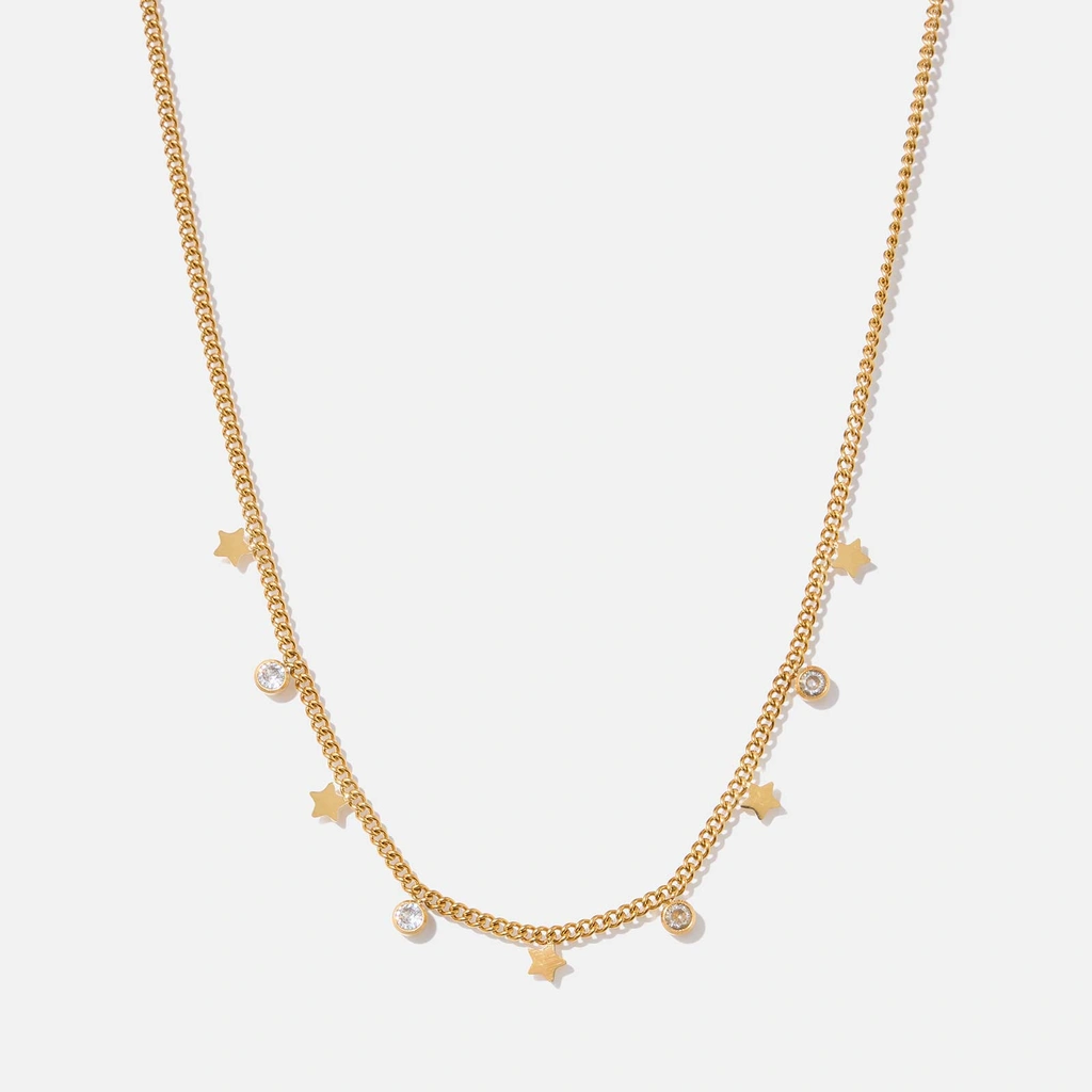 Guldpläterat stålhalsband med stjärnor och stenar 42cm