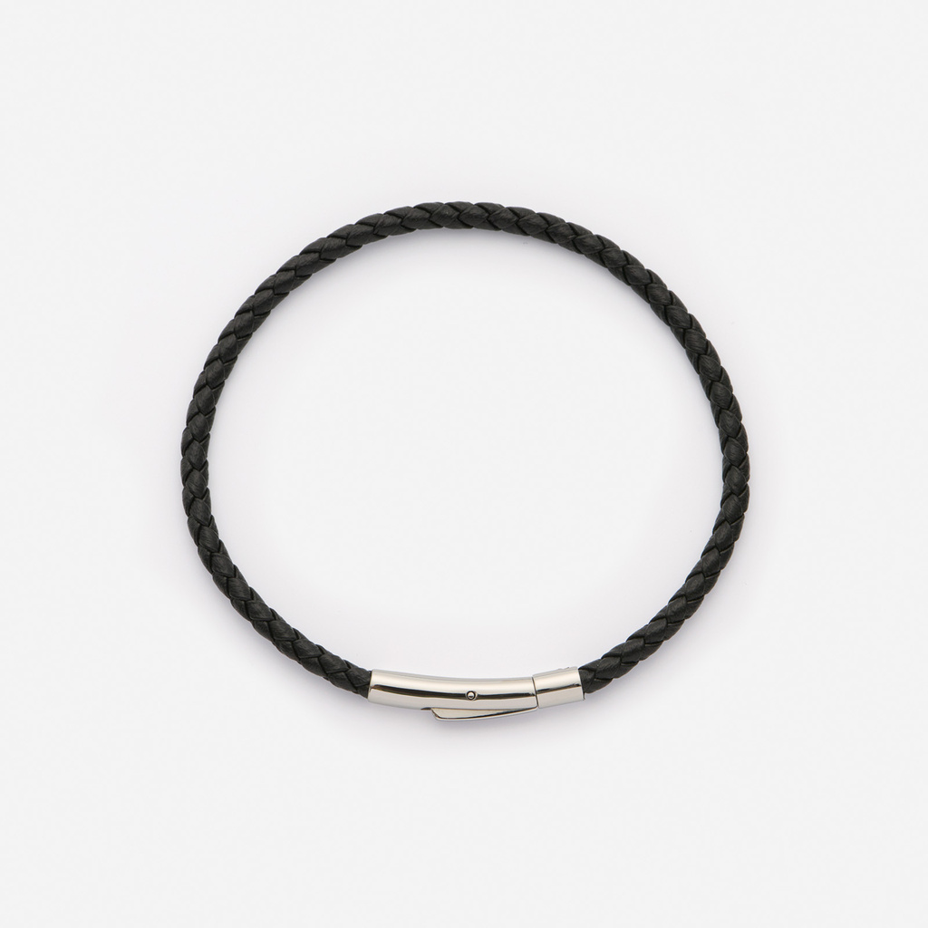 Svart läderarmband med stålspänne, 16cm