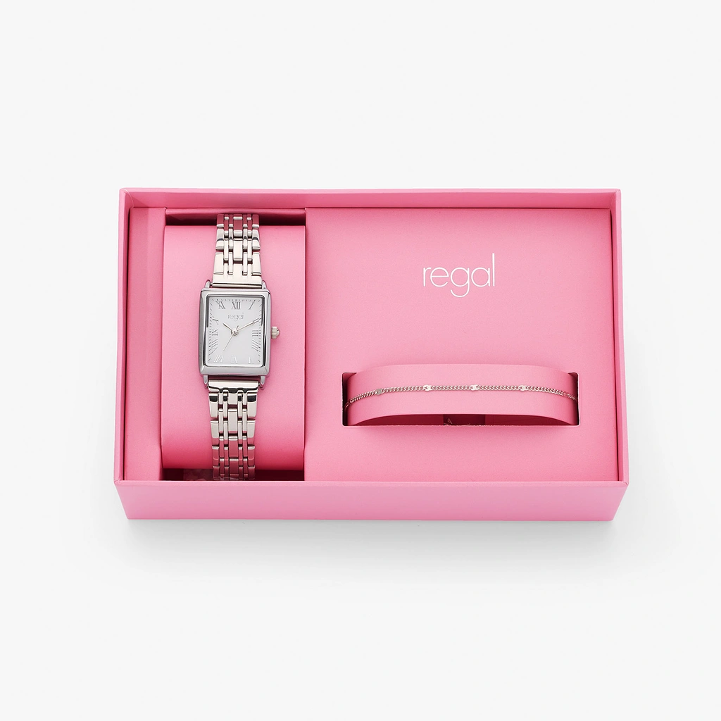 Regal klockset dam - rektangulär, silver, 20x29 mm