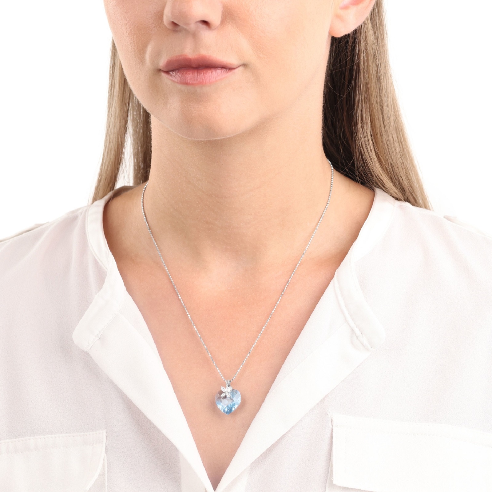 Silverhalsband, hjärtformad blå sten - 45 cm