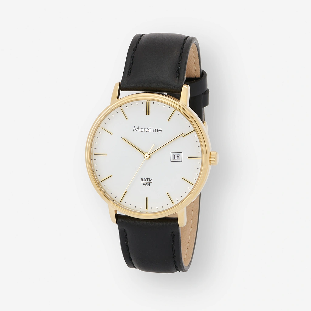 Moretime herrklocka - vit/guld, svart läderband, 40mm