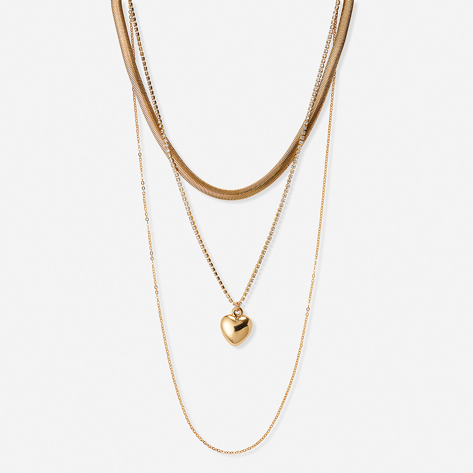 Guldfärgat treradigt halsband, hjärta, 40-66+7cm