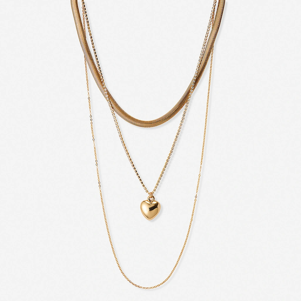 Guldfärgat treradigt halsband, hjärta, 40-66+7cm