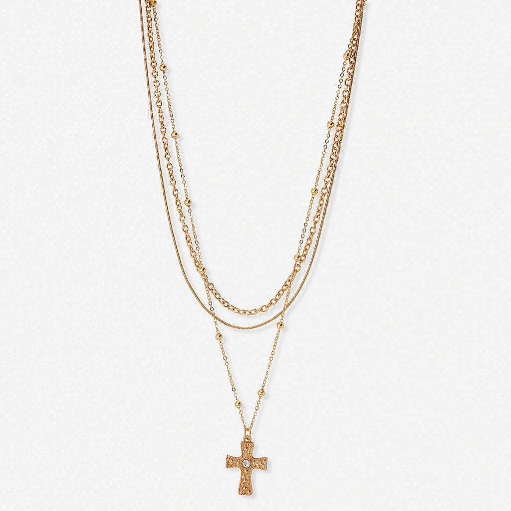 Guldfärgat treradigt halsband, kors, 38-50+7cm