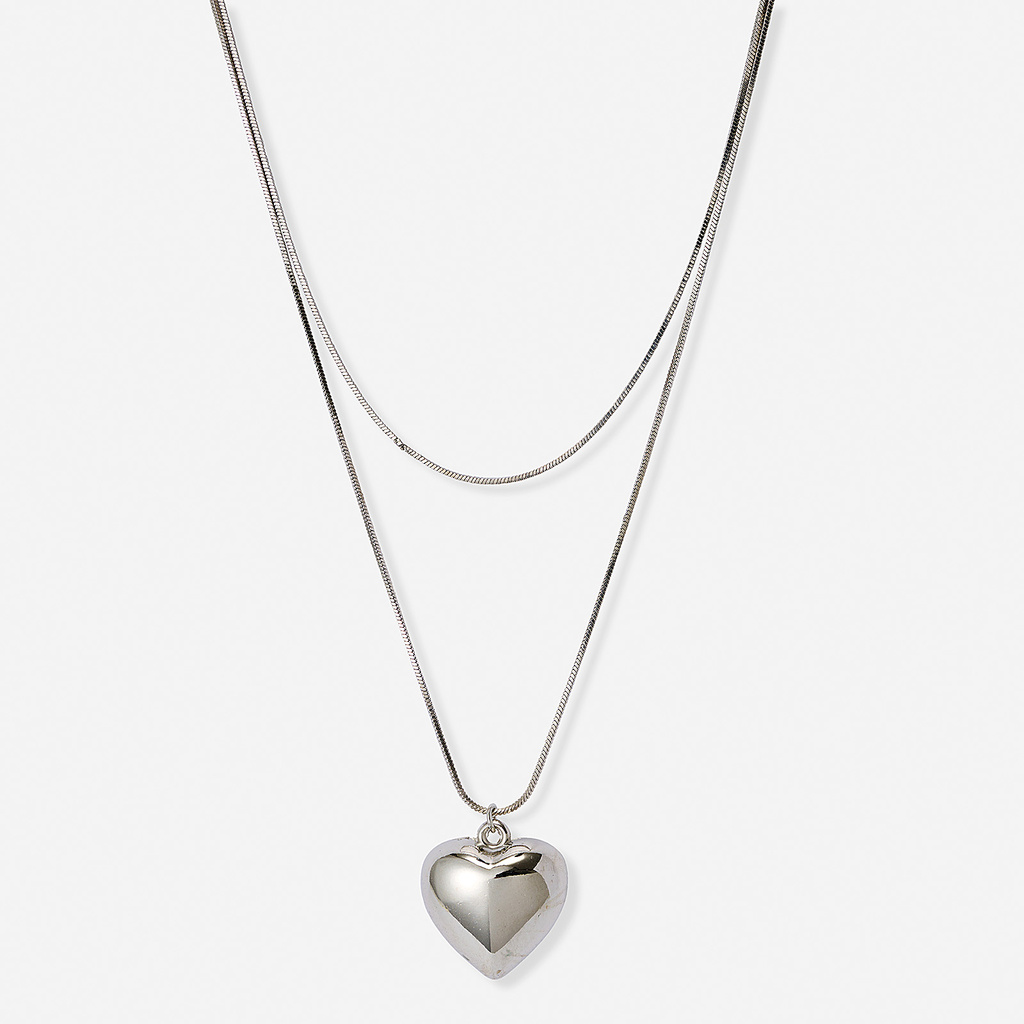 Silverfärgat tvåradigt halsband, hjärta, 36-46+7cm
