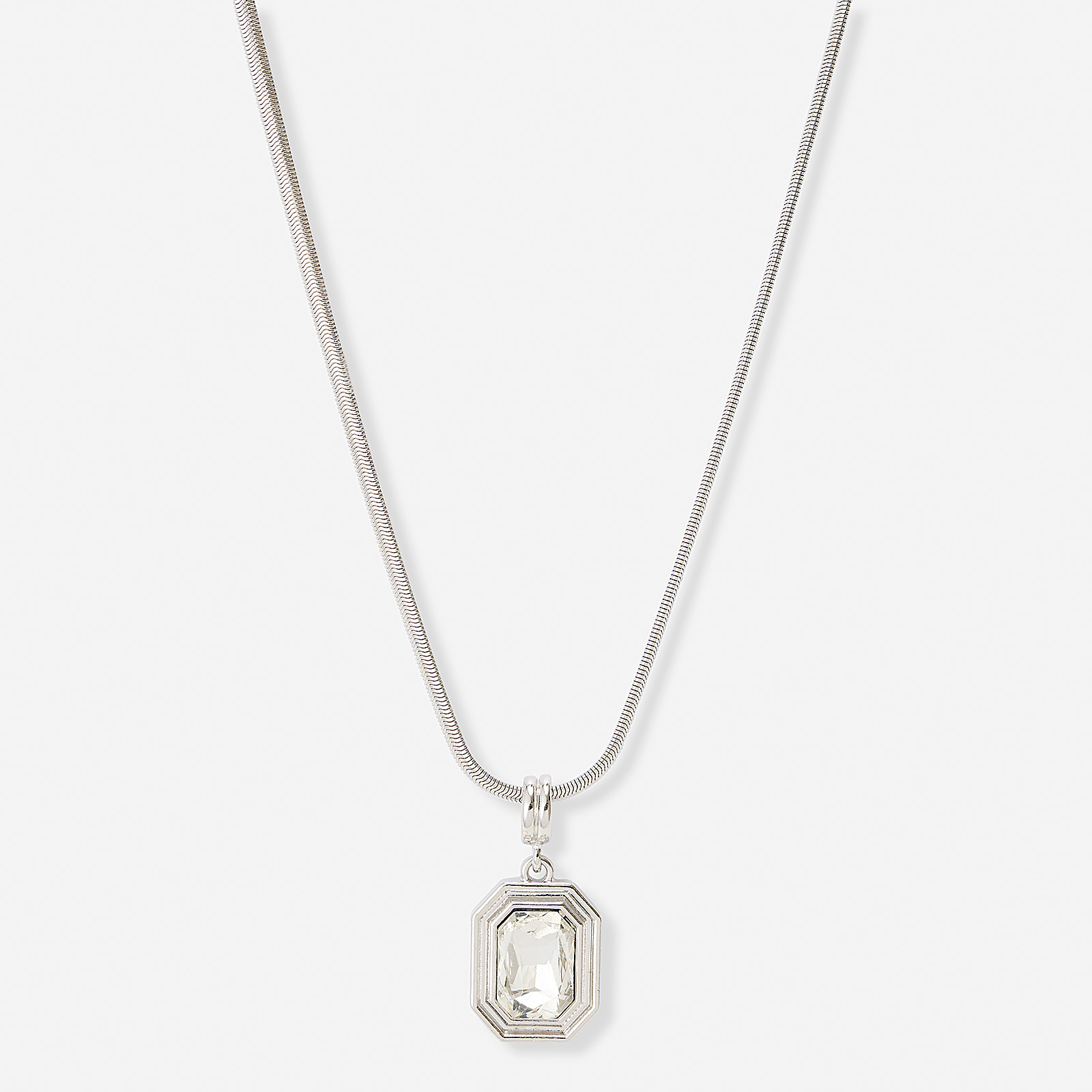 Silverfärgat halsband, åttkantigt hänge, 49+7cm