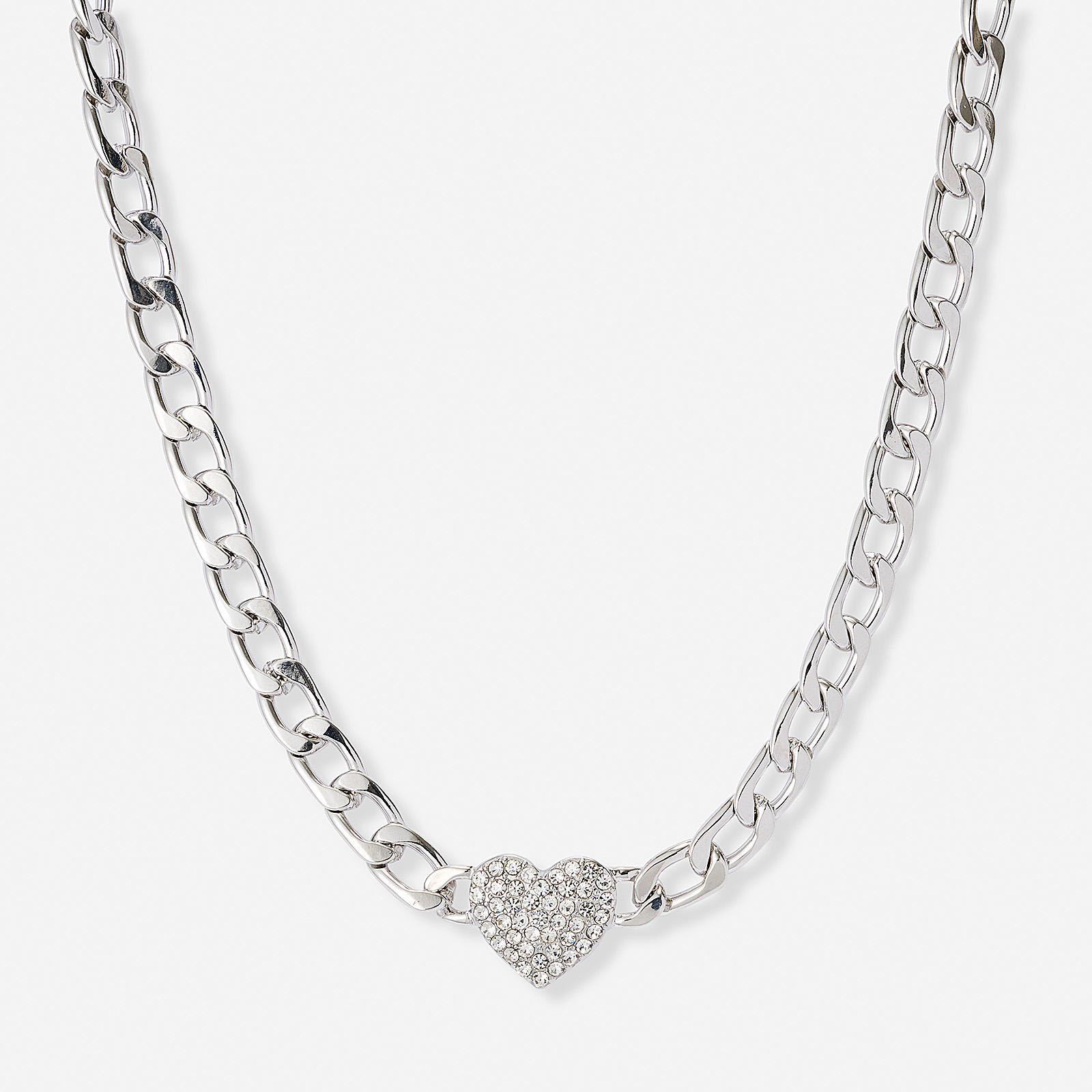 Silverfärgat halsband, glitterhjärta, 38+7cm