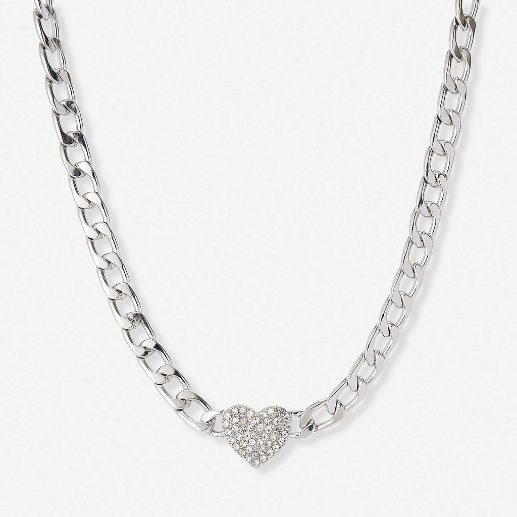 Silverfärgat halsband, glitterhjärta, 38+7cm