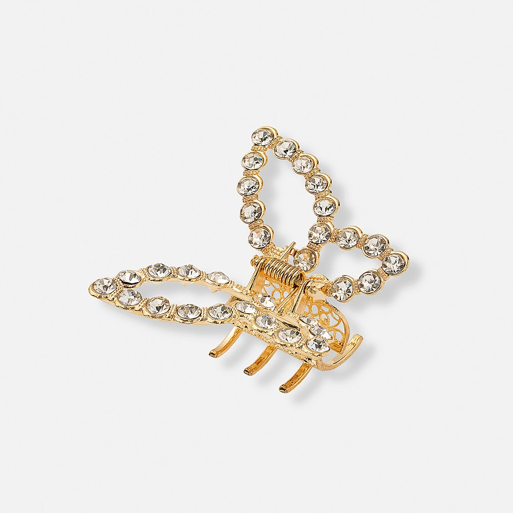 Guldfärgad hårklämma - fjäril med strass, 6,5 cm