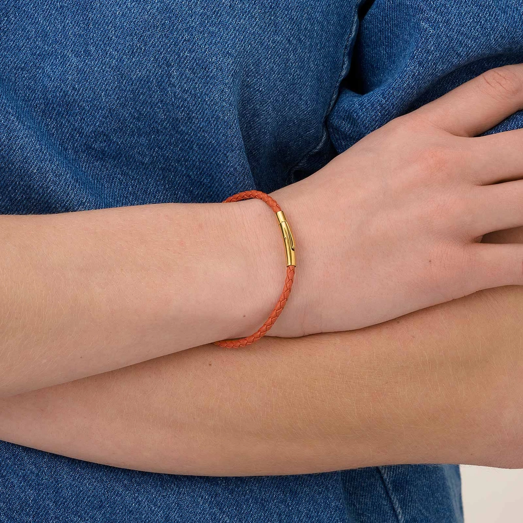 Orange läderarmband med stålspänne, 19cm