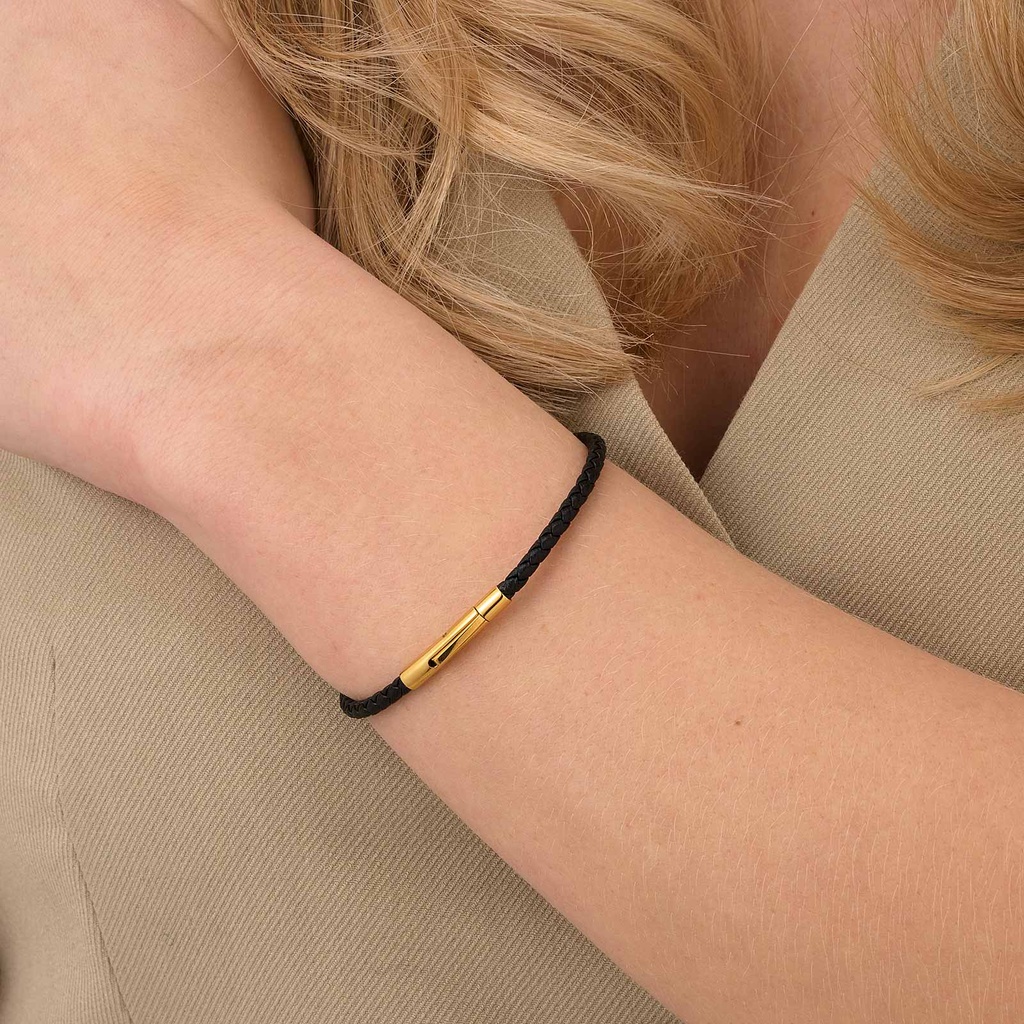 Svart läderarmband med guldpläterat stålspänne, 16cm