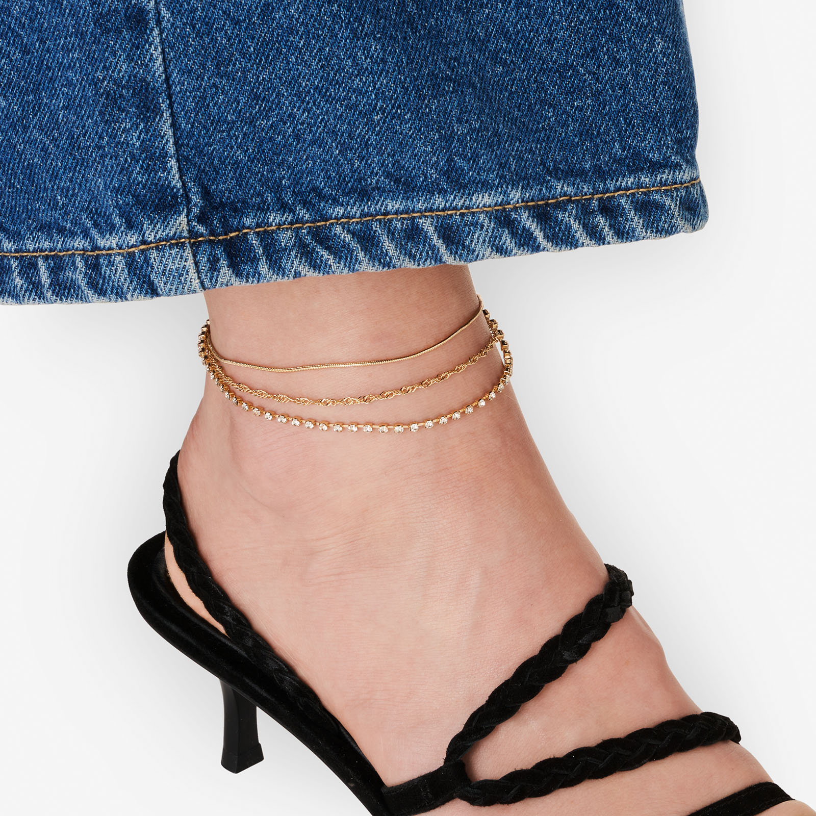 Guldfärgad fotlänk - tre kedjor, 19+6cm