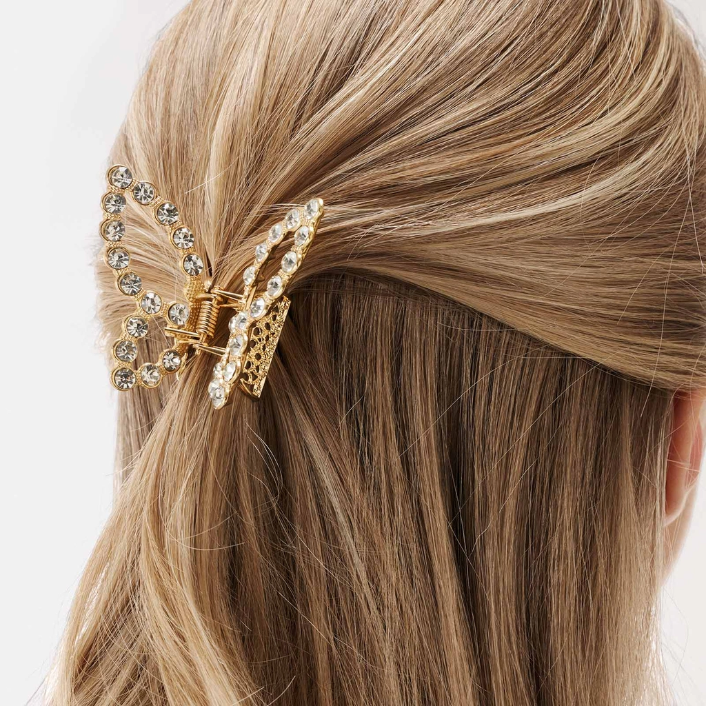 Guldfärgad hårklämma - fjäril med strass, 6,5 cm