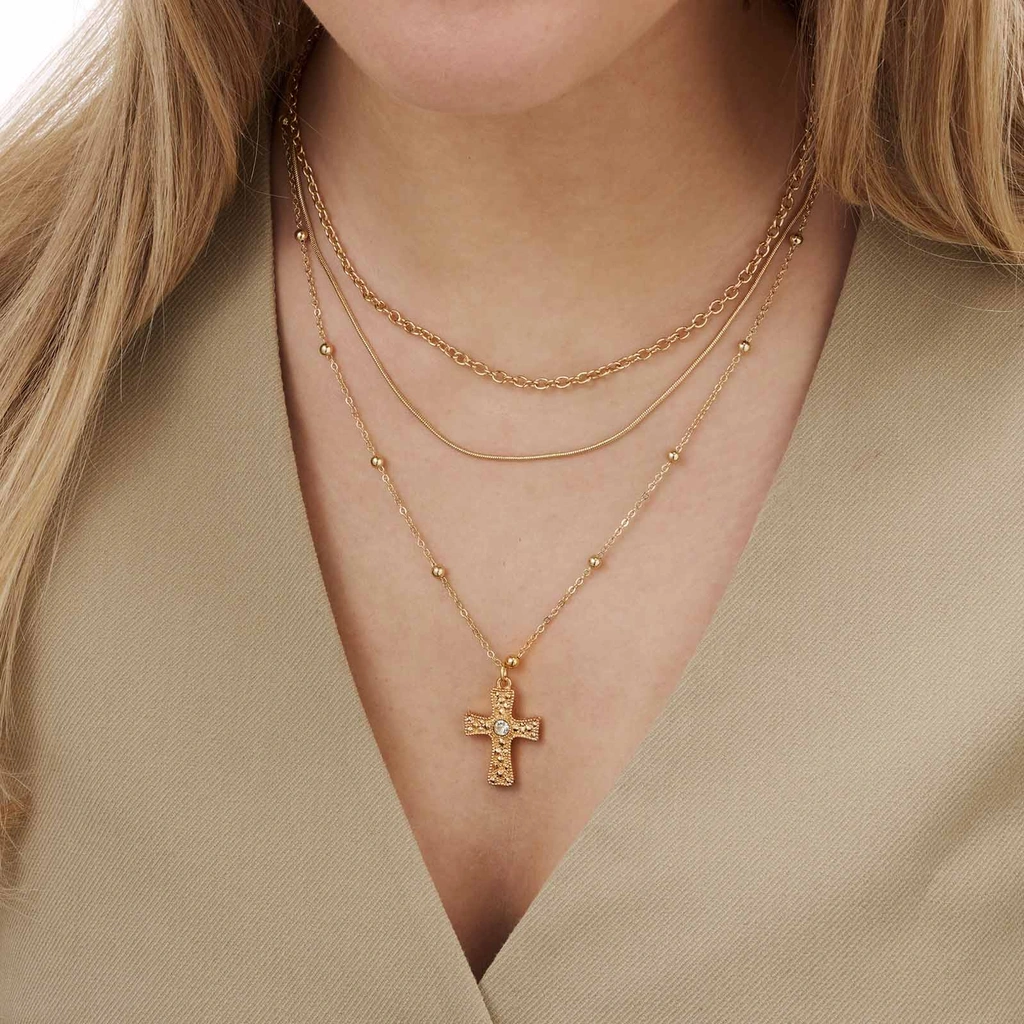 Guldfärgat treradigt halsband, kors, 38-50+7cm