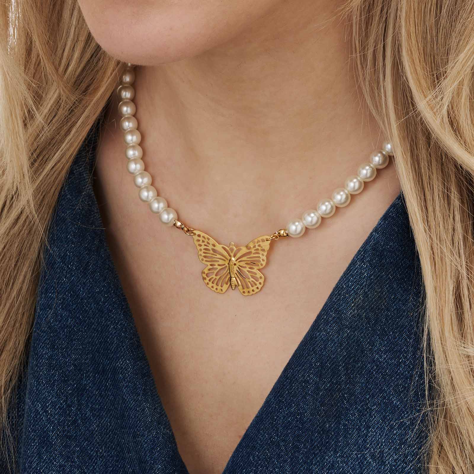 Pärlhalsband med fjäril, 46+7cm