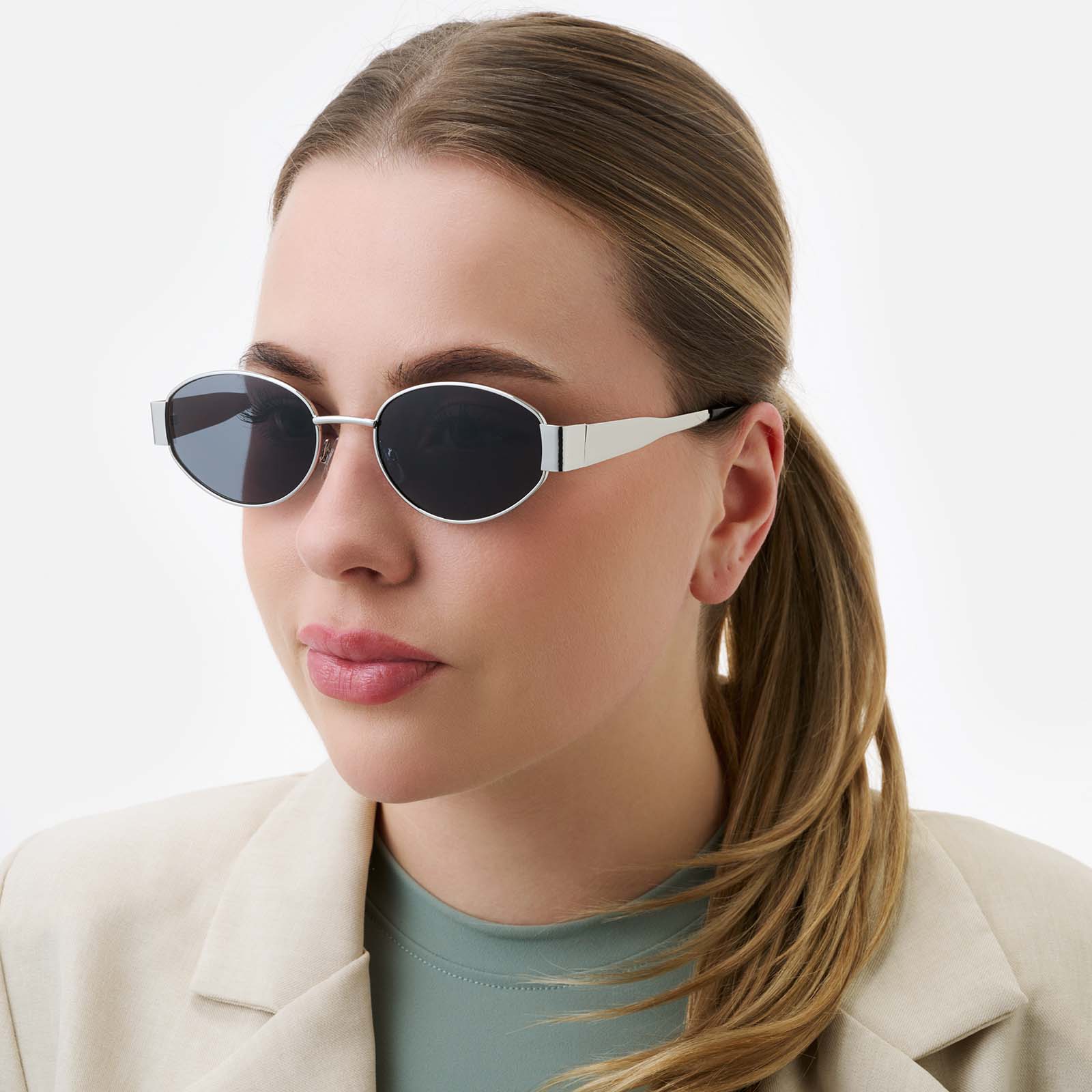 Solglasögon unisex Oval, svart glas & silverton