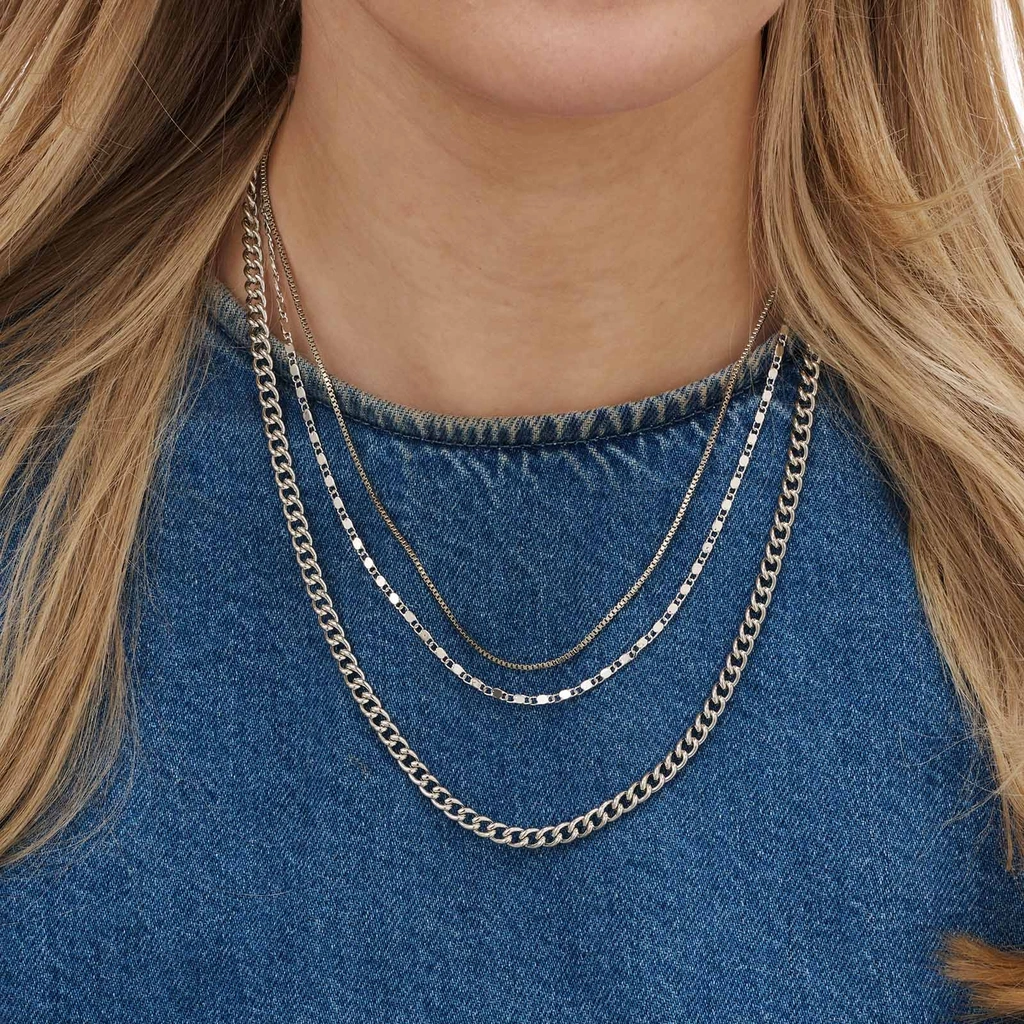 3-radigt silverfärgat halsband, olika kedjor - 33-55 cm