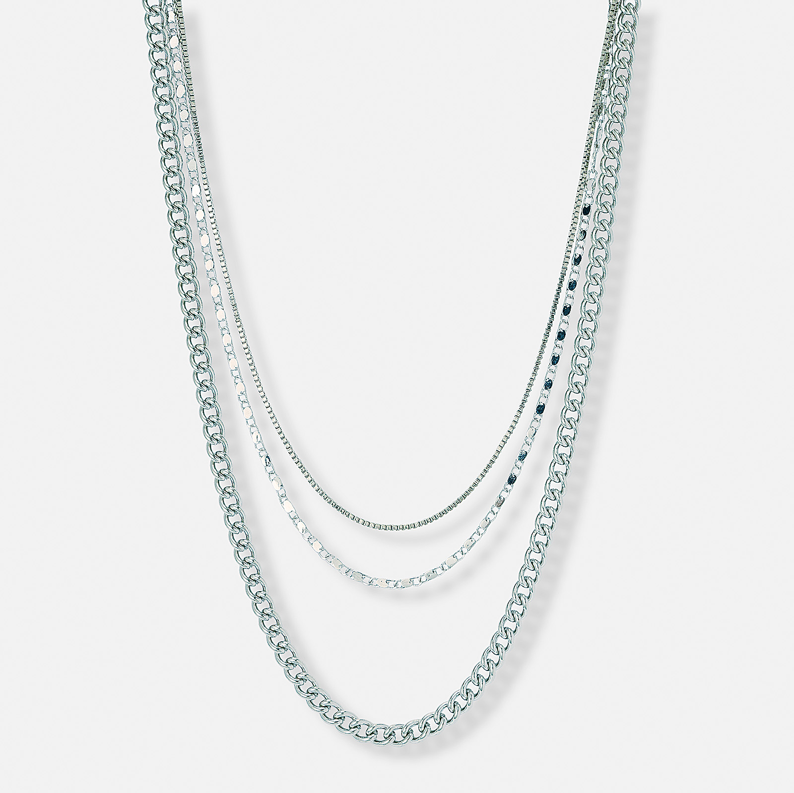 3-radigt silverfärgat halsband, olika kedjor - 33-55 cm