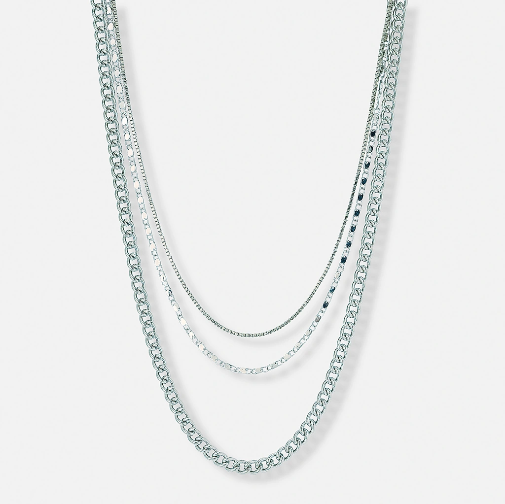 3-radigt silverfärgat halsband, olika kedjor - 33-55 cm