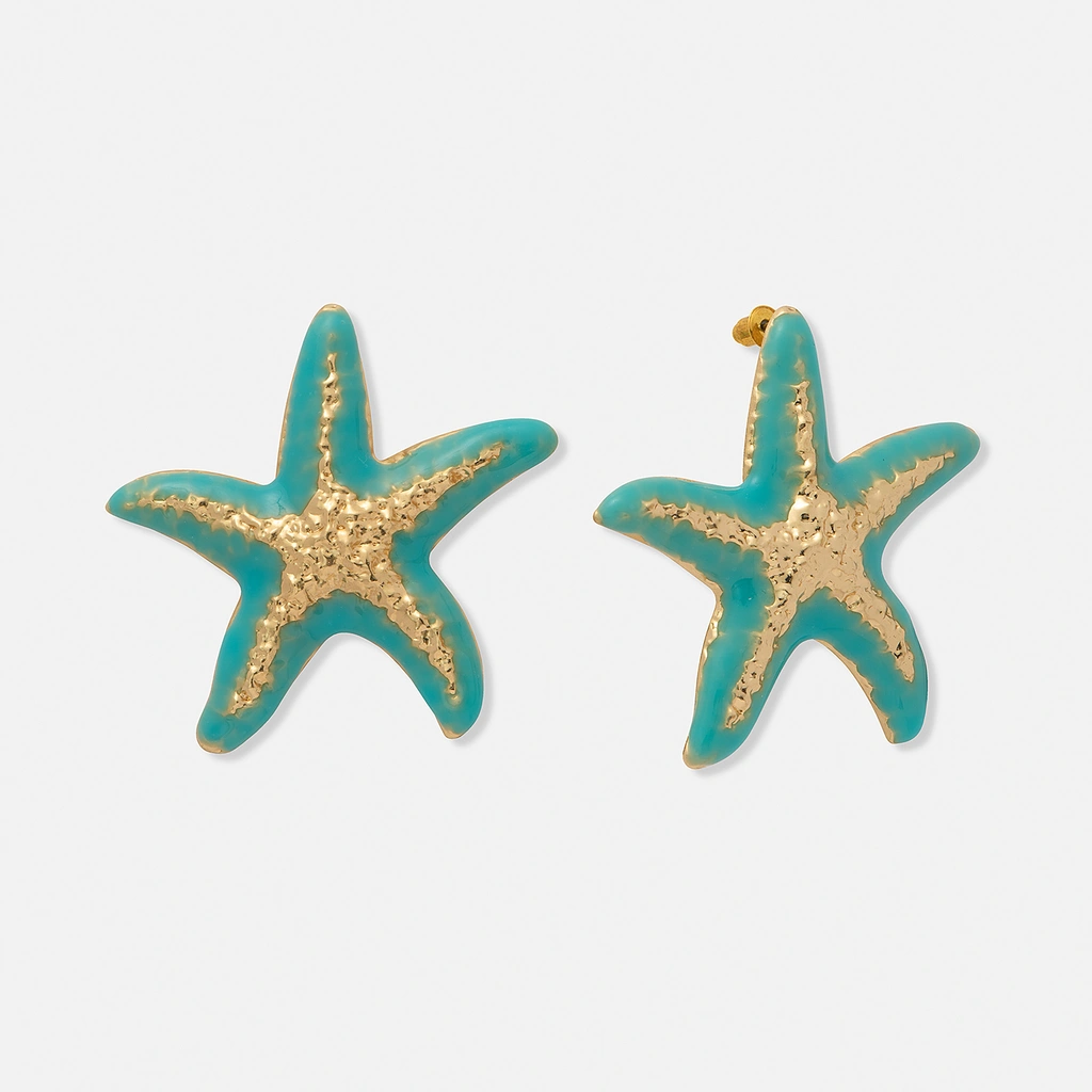 Guldfärgade örhängen, turkosa sjöstjärnor - 50 mm