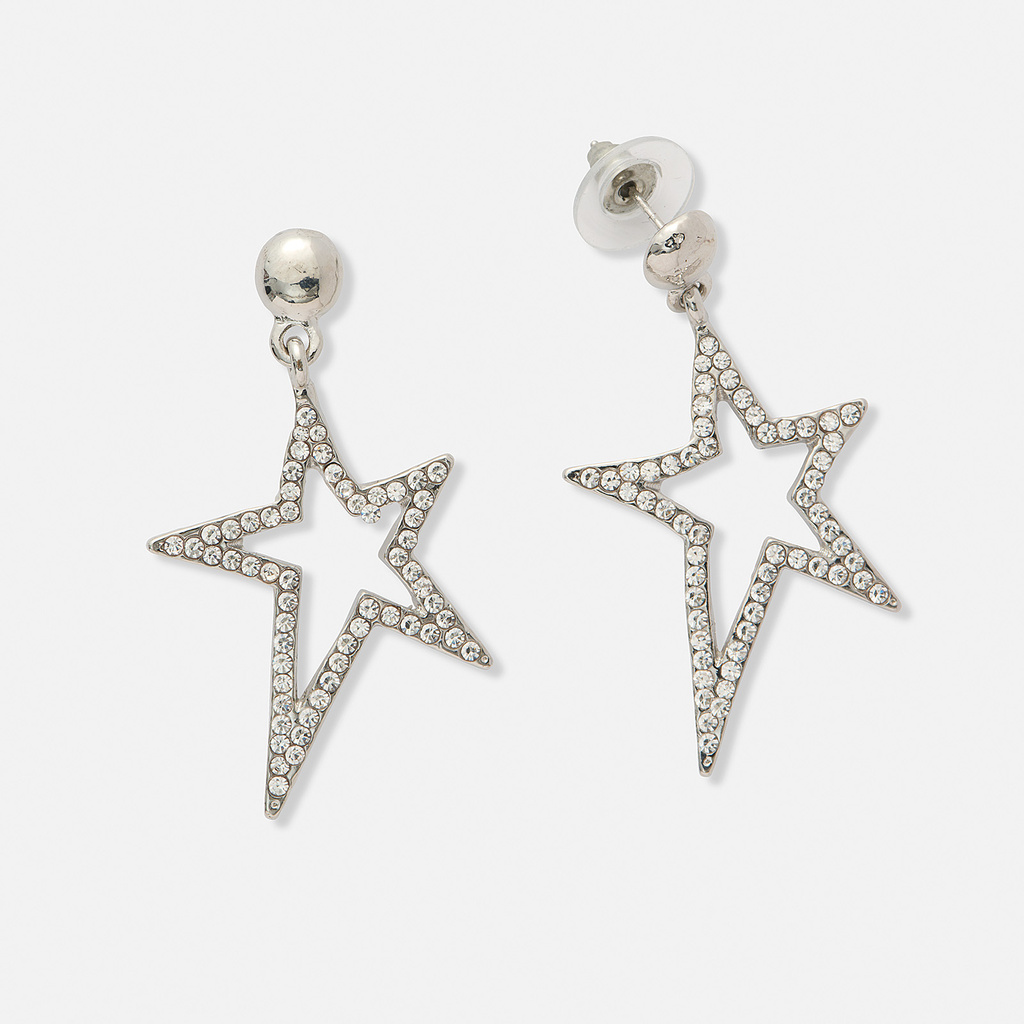 Silverfärgade örhängen, hängande stjärnor - 45x26 mm