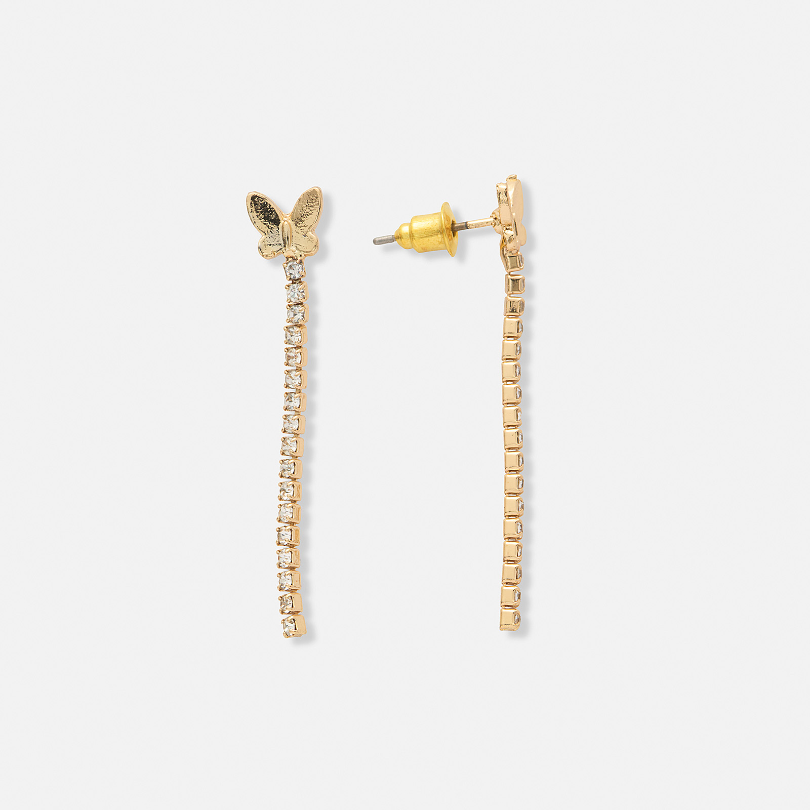 Guldfärgade örhängen, fjäril med strasshänge - 40 mm