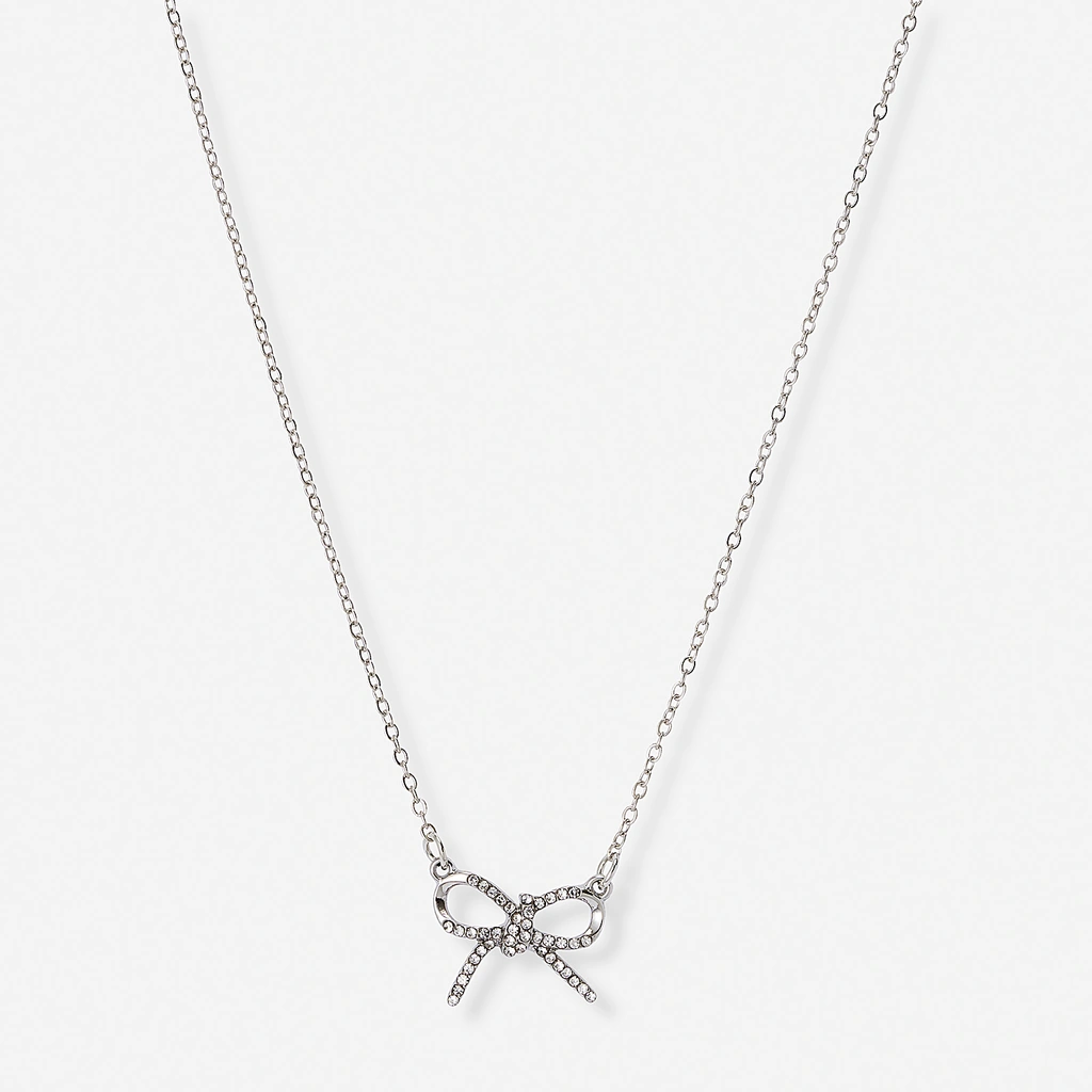 Silverfärgat halsband, rosett med kristaller - 42+7 cm