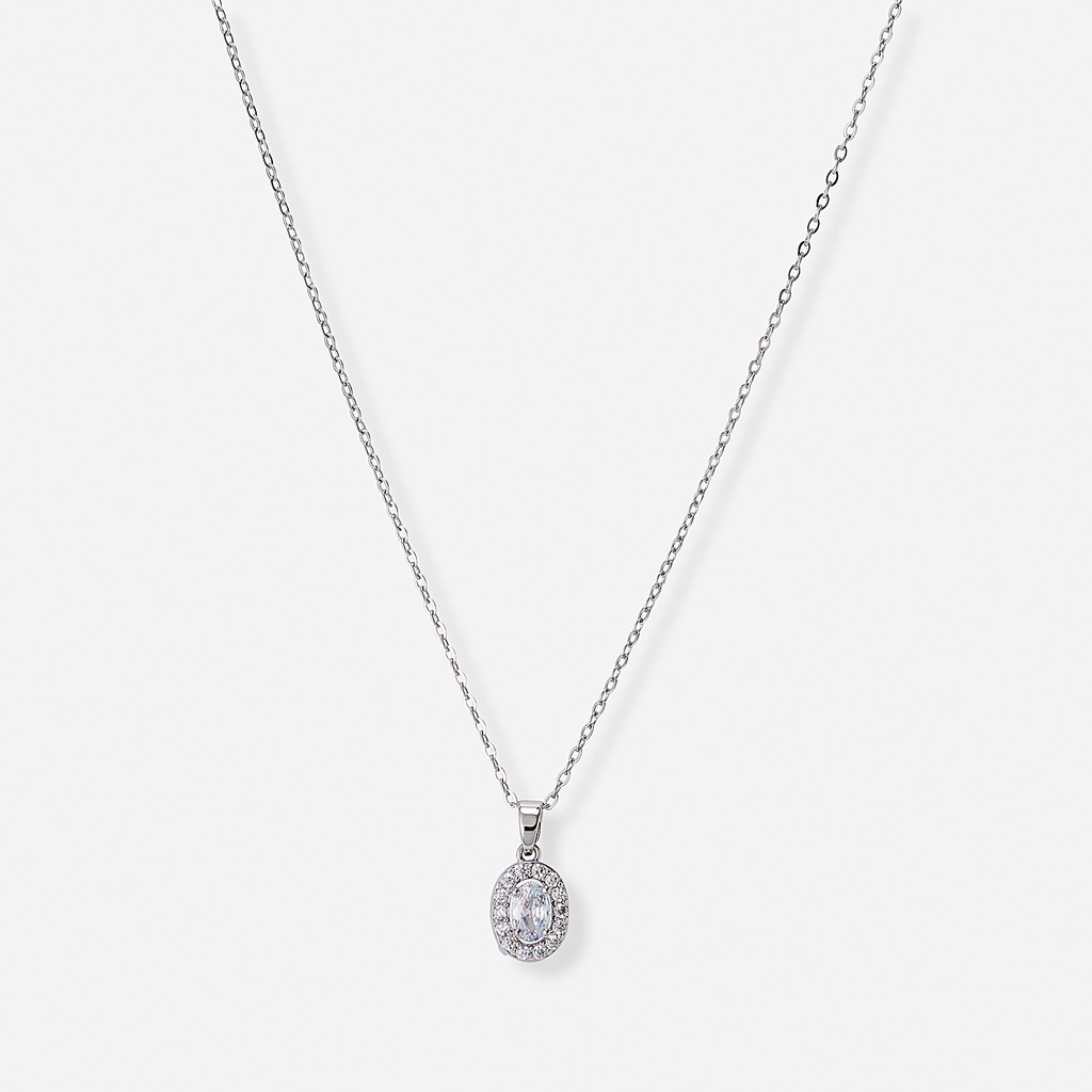 Guldfärgat halsband, oval sten med halo - 42+7 cm